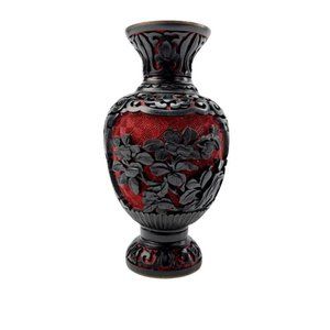 Vintage mid-century 5" Hand Carved Cinnabar Lacquer Vase Blue Enamel Gold Rim
